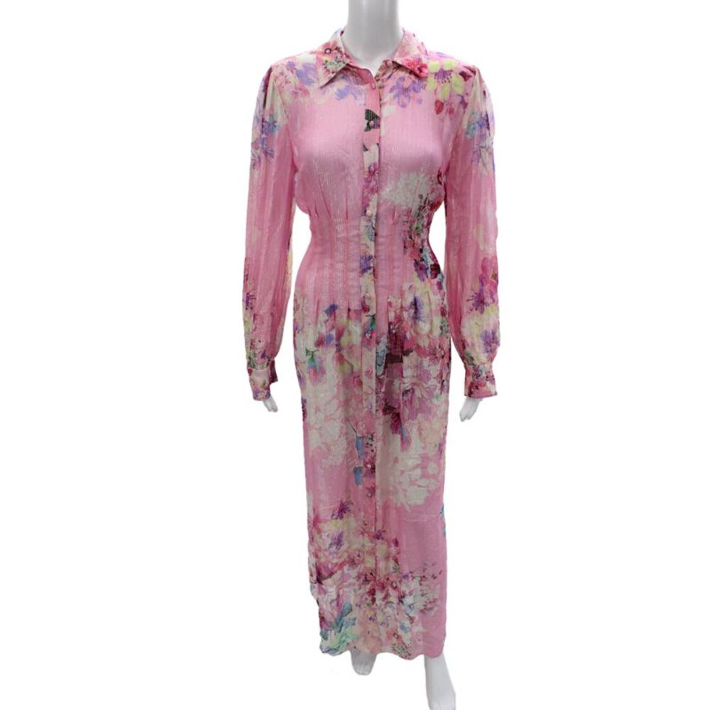 Hemant & Nandita Women Floral Collared Maxi Dress Long Sleeve Pink Size S
